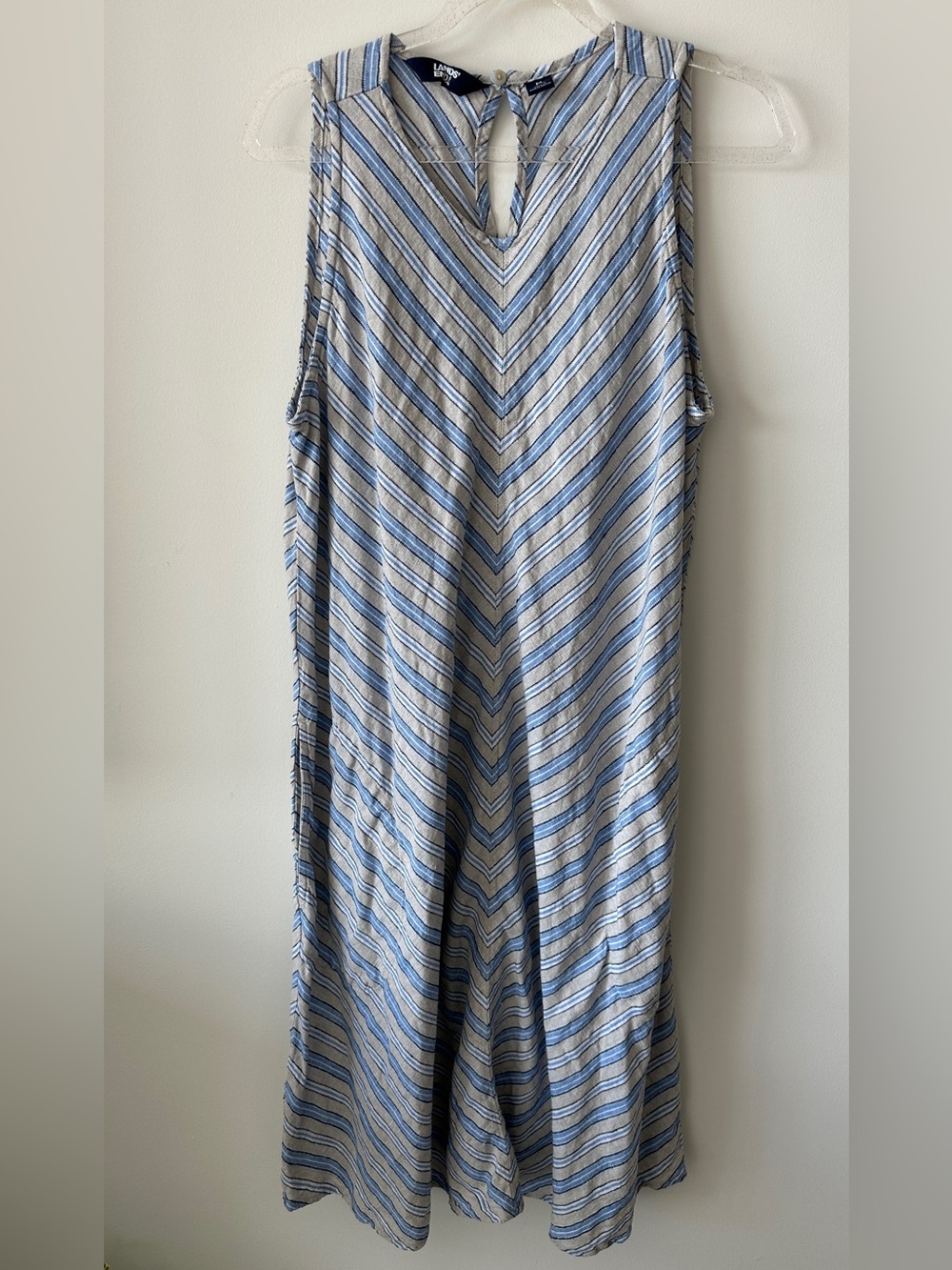 Lands' End Striped V-Neck Dress in Light Blue, Navy and Cream